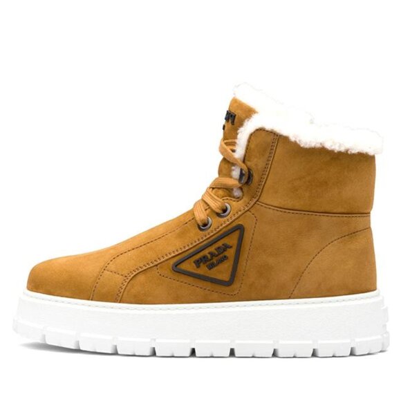 NWT Prada Winter Boots In Cognac Brown Suede Leather Shearling Lace Up - Picture 1 of 10